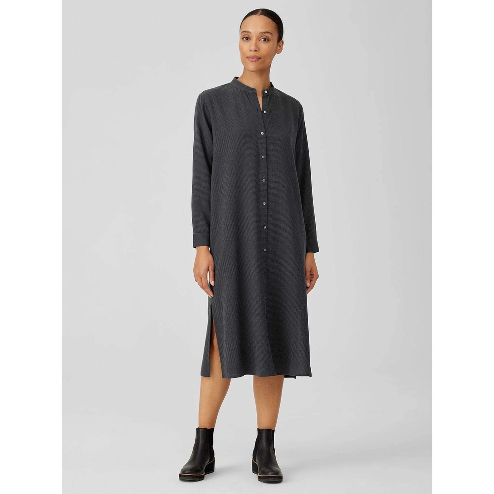 Eileen Fisher Mini Check Crepe Mandarin Collar Dress Women M Gray Tencel